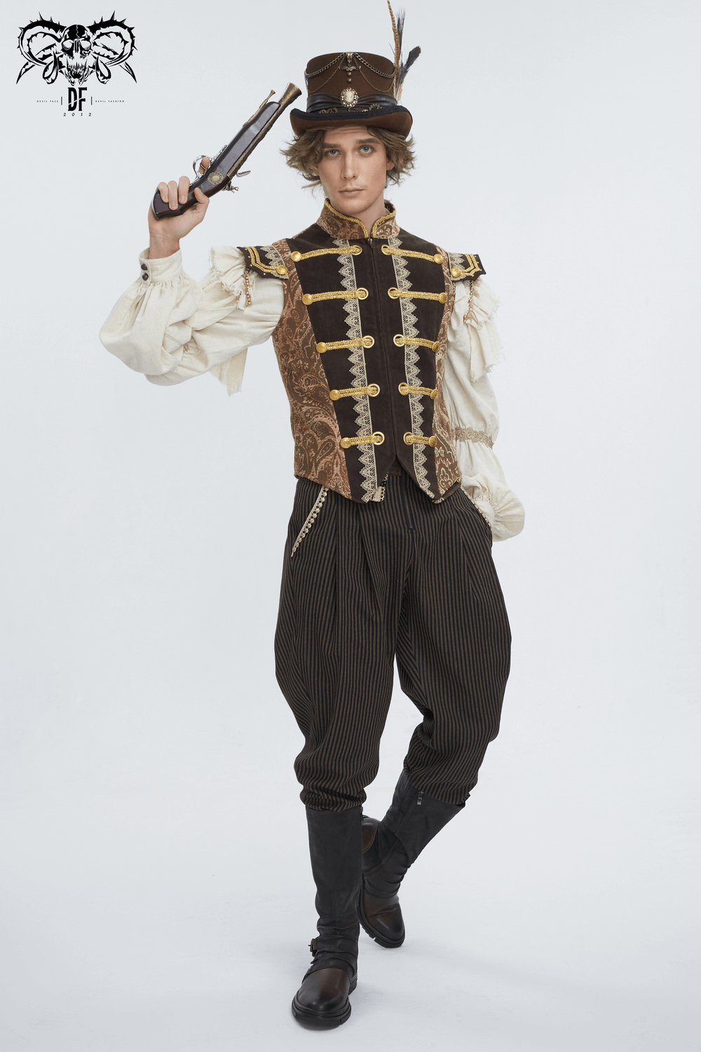 Male model in a Victorian steampunk outfit featuring a vest, striped pants, and a top hat, holding a pistol.