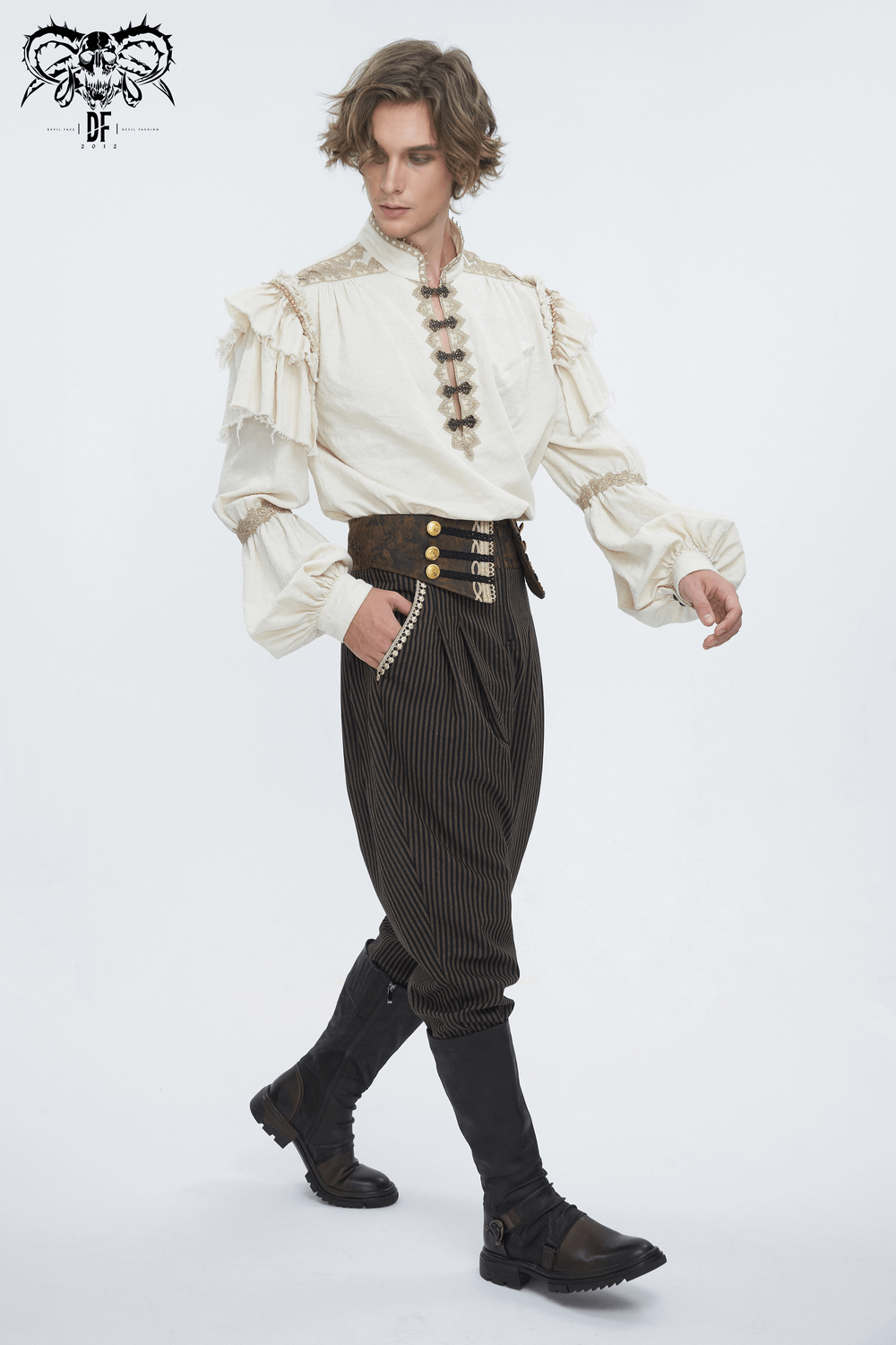 Male Striped High-Waist Trousers with Button Accents