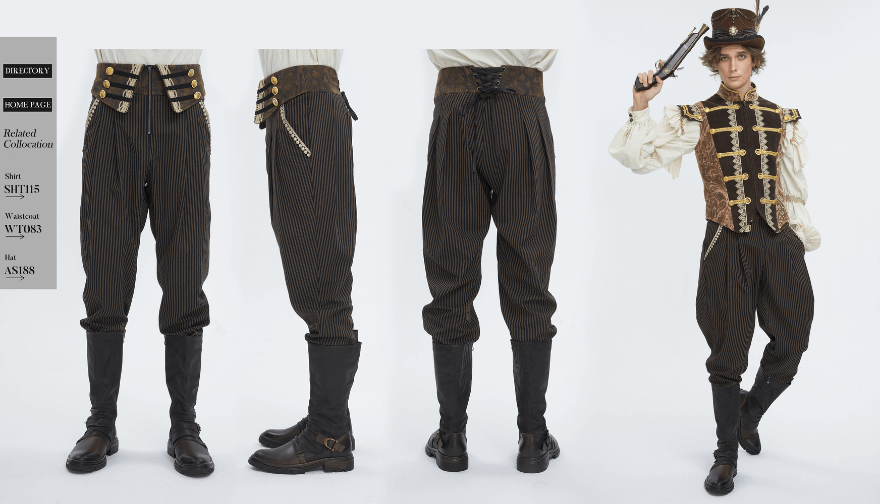 Male high-waist trousers with striped design and button accents, styled for a vintage-inspired look.