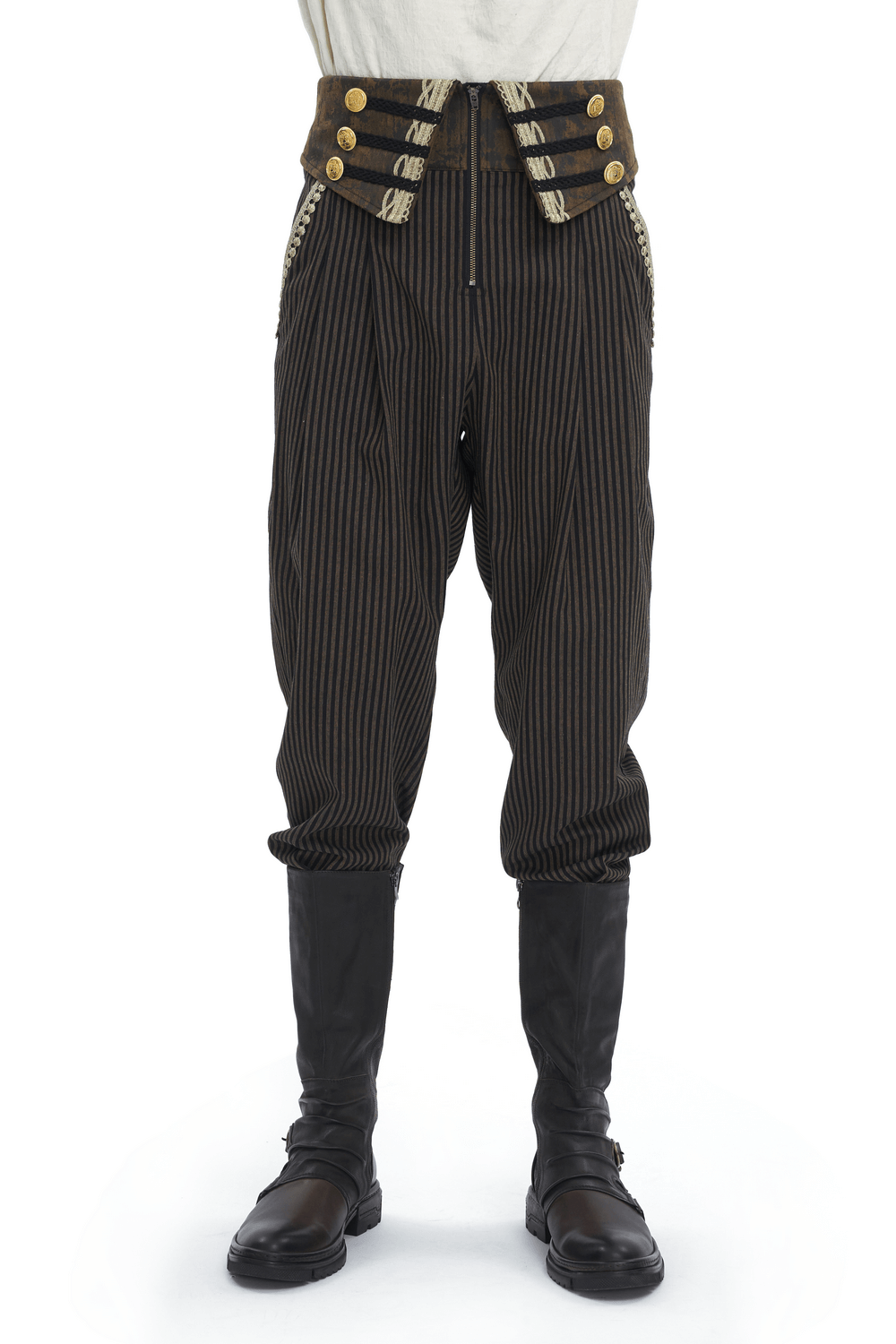 Male high-waist striped trousers with gold-tone button accents, ideal for stylish casual and professional looks.