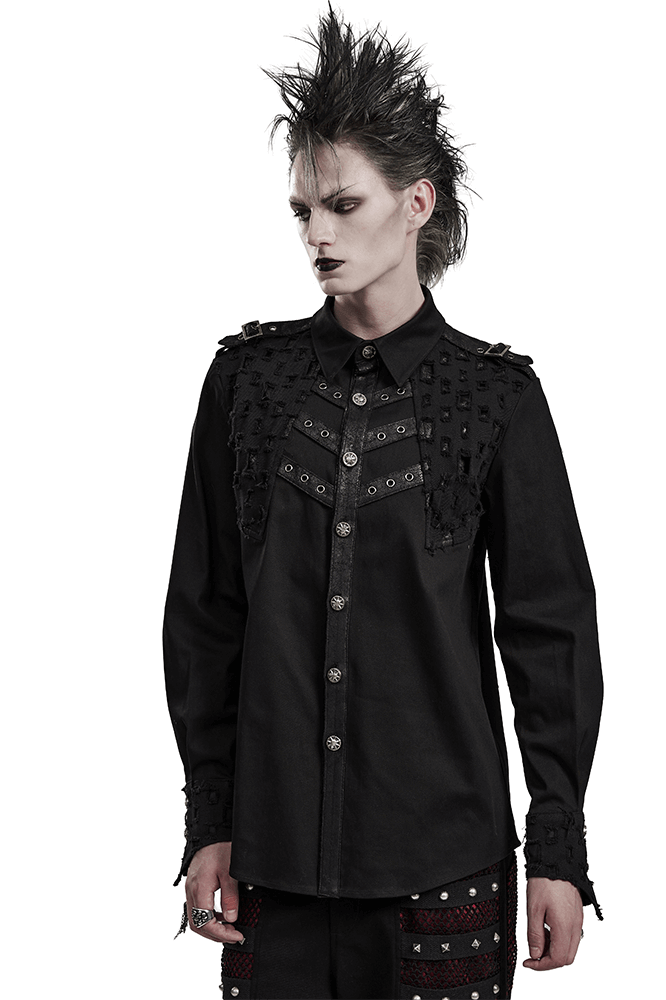 Male Studded Gothic Shirt with Metal Skull Accents