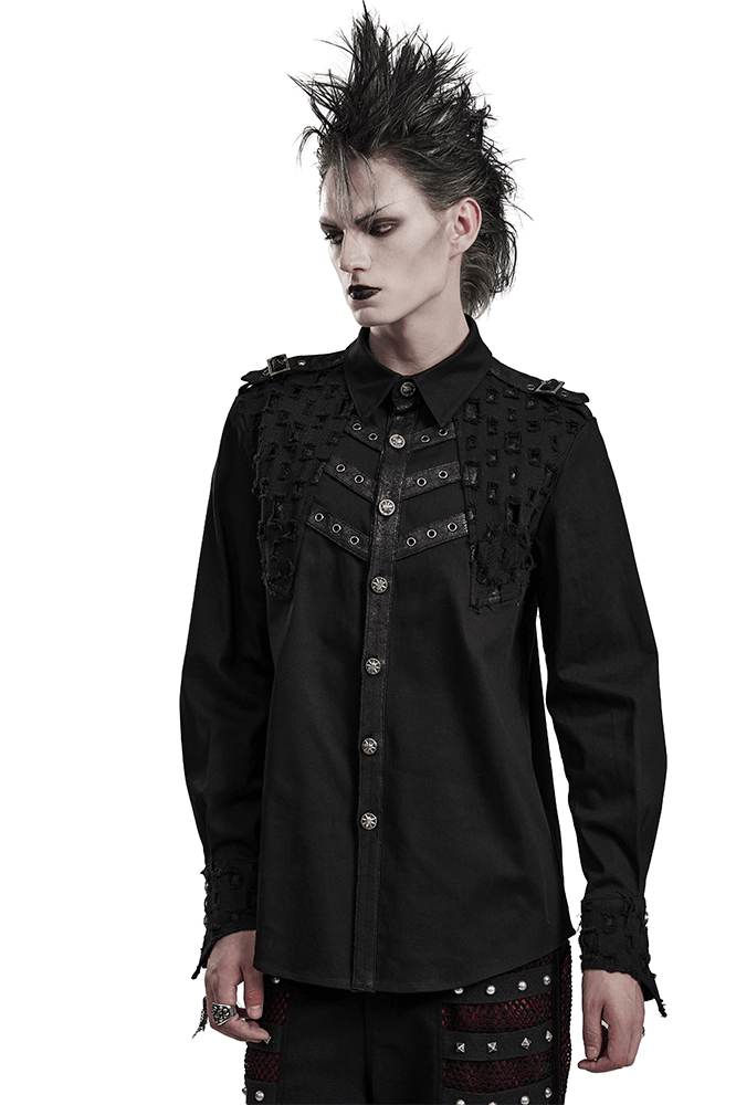 Male studded gothic shirt with metal accents, showcasing edgy punk style and distinct craftsmanship.