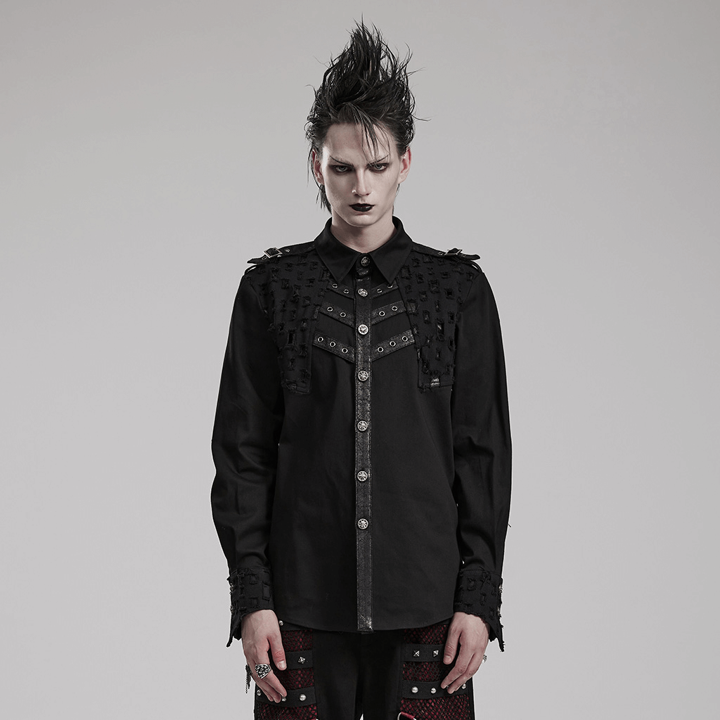 Male Gothic shirt with studded details and metal accents, embodying punk style and edgy craftsmanship.