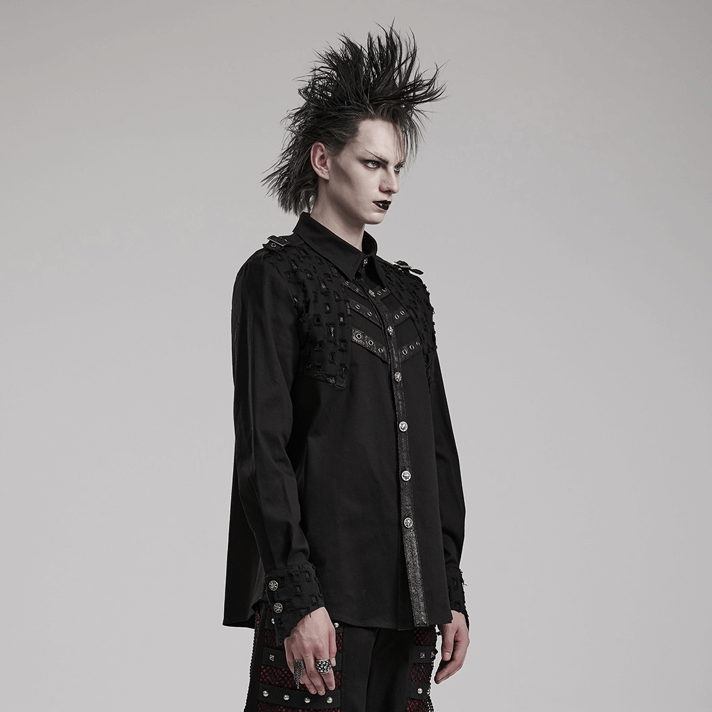 Male studded gothic shirt with metal skull accents, showcasing punk fashion and unique design details.