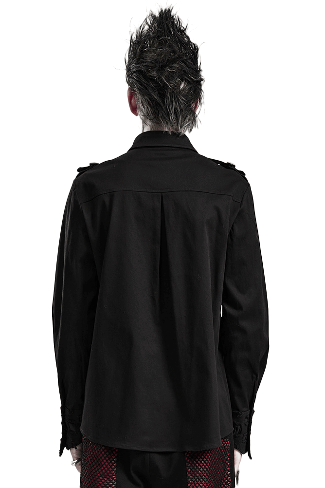 Back view of a male model wearing a black studded gothic shirt with punk style and metal accents.