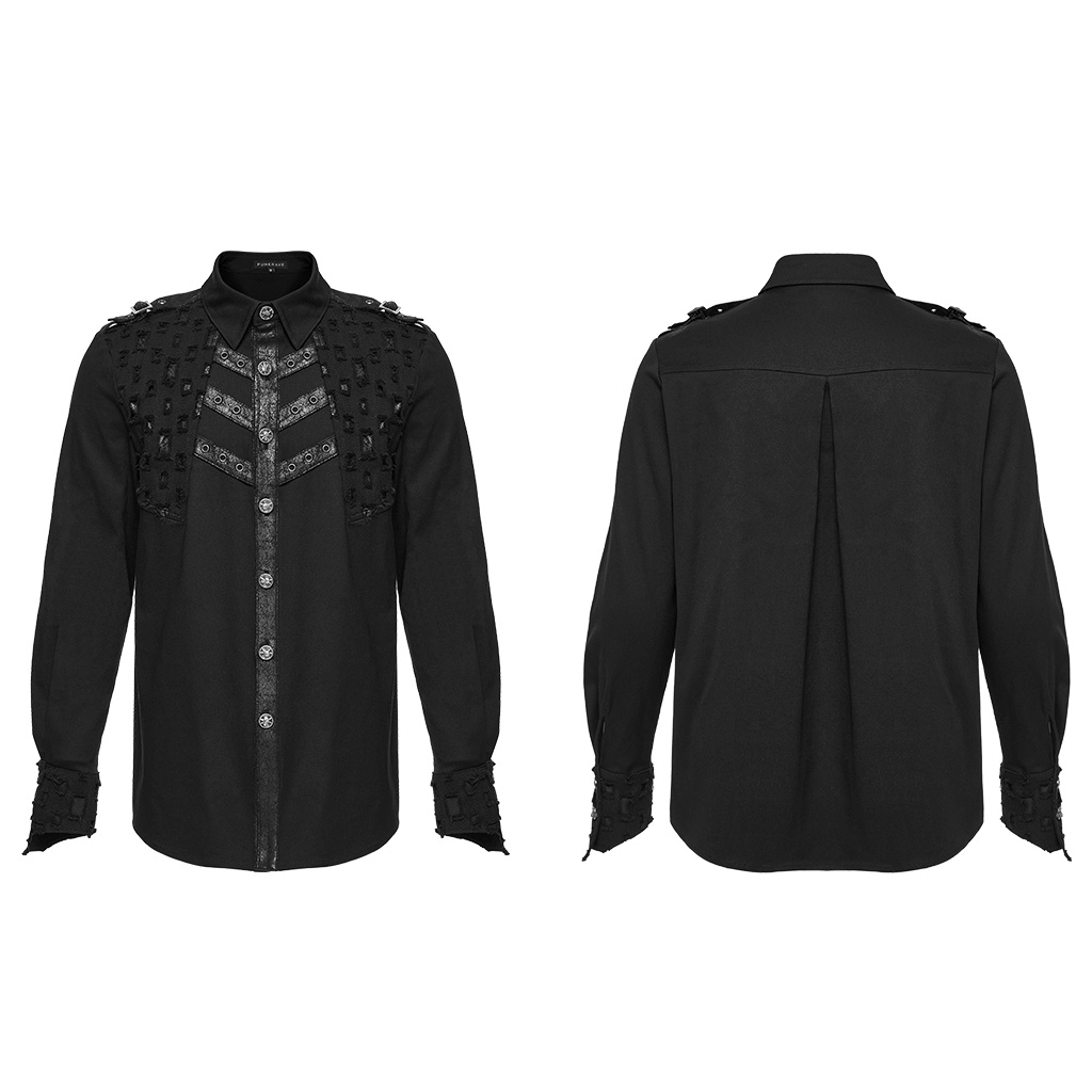 Male studded gothic shirt with metal skull accents, showcasing punk style and intricate detailing.