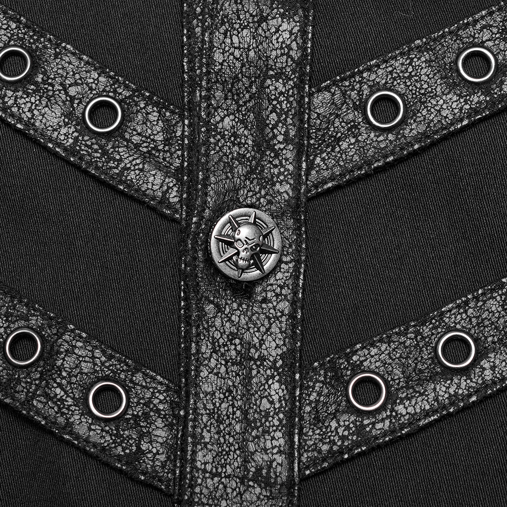 Close-up of male gothic shirt with metal skull button and stud detailing for punk style.