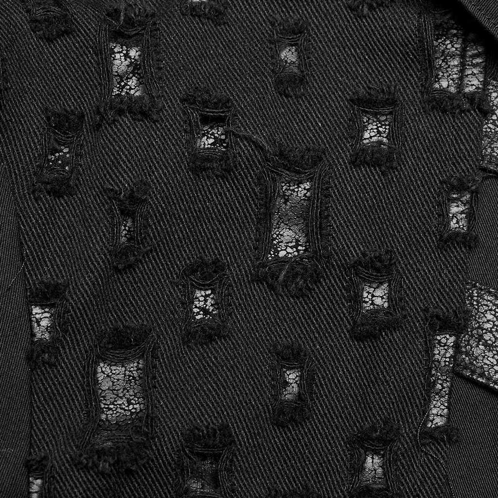 Close-up of black fabric featuring intricate studded detailing and decayed splicing for a punk gothic style.