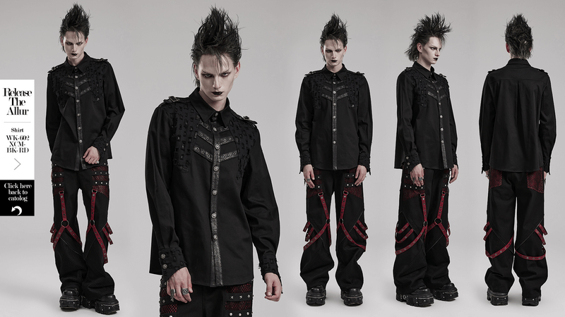 Male studded gothic shirt featuring metal skull accents and punk style, showcasing edgy fashion with unique detailing.