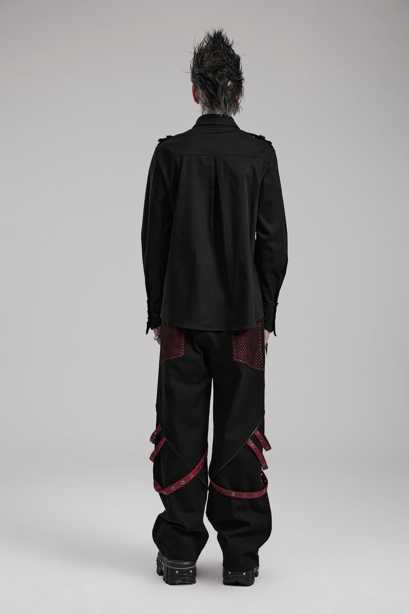 Back view of a male model in a punk-inspired long sleeve shirt and stylish black pants with strap detailing.