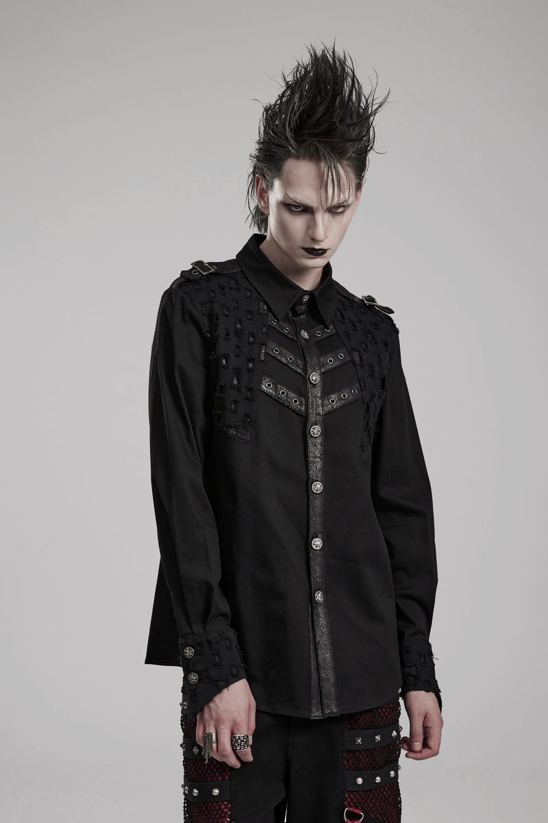 Male studded gothic shirt with metal skull accents, showcasing edgy punk style and intricate detailing.