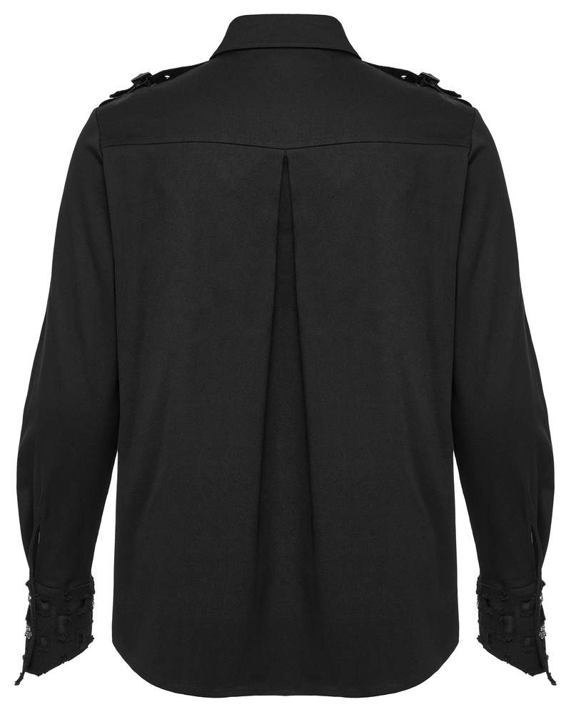 Back view of a male studded gothic shirt featuring metal skull accents and detailed sleeve design.