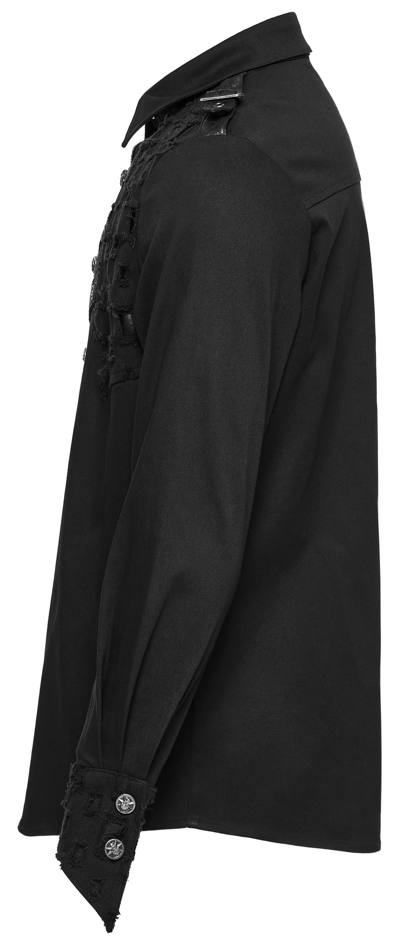 Side view of a male studded gothic shirt with metal skull accents and intricate detailing, perfect for punk fashion.