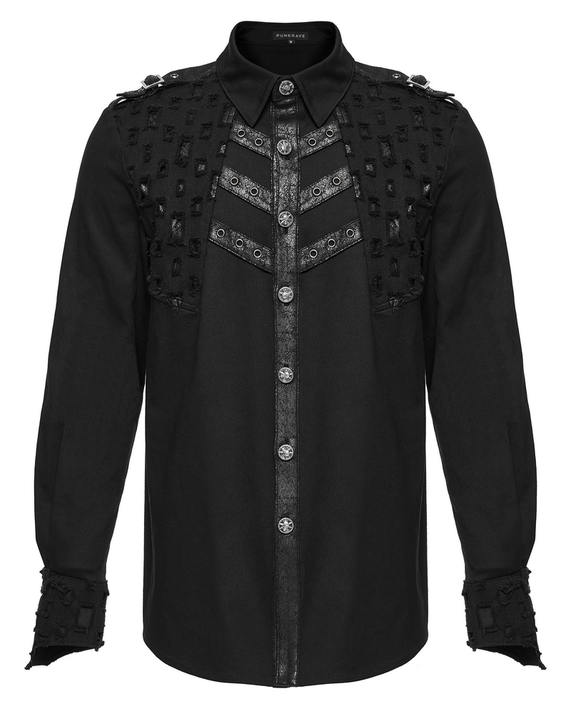 Black male gothic shirt with metal skull accents and studded detailing for a punk style.