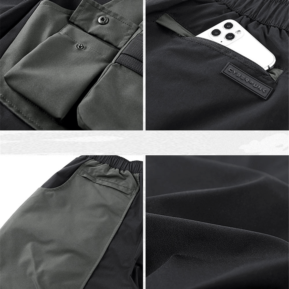 Close-up of male tactical multi-pocket shorts showcasing pockets and phone holder for urban style and functionality.