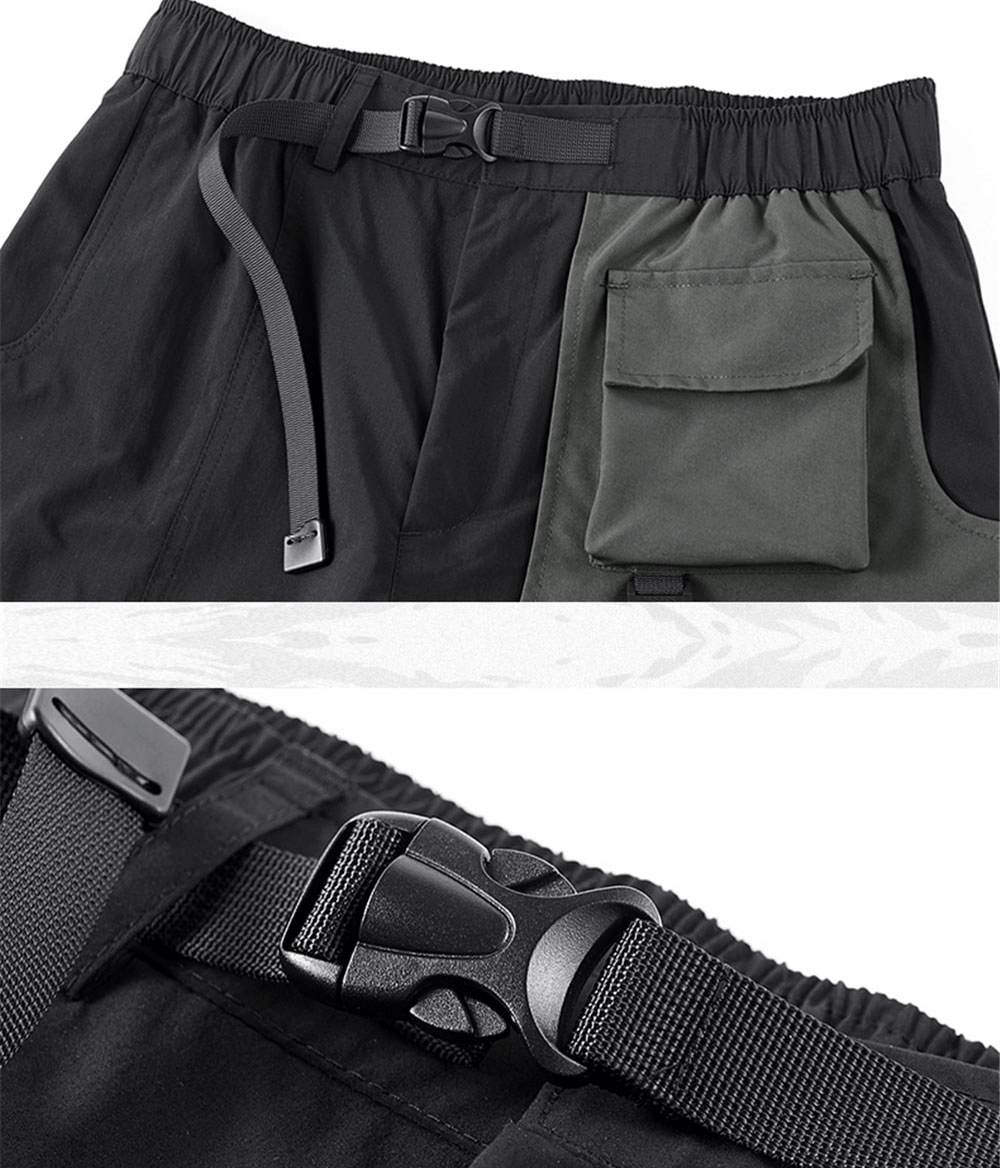 Close-up of male tactical multi-pocket shorts showcasing adjustable belt and patchwork details.