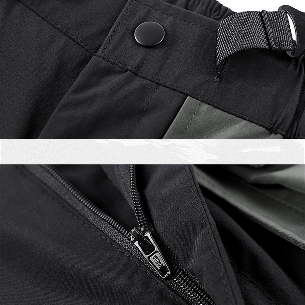 Close-up of tactical multi-pocket shorts showing button and zipper details for practicality and style.
