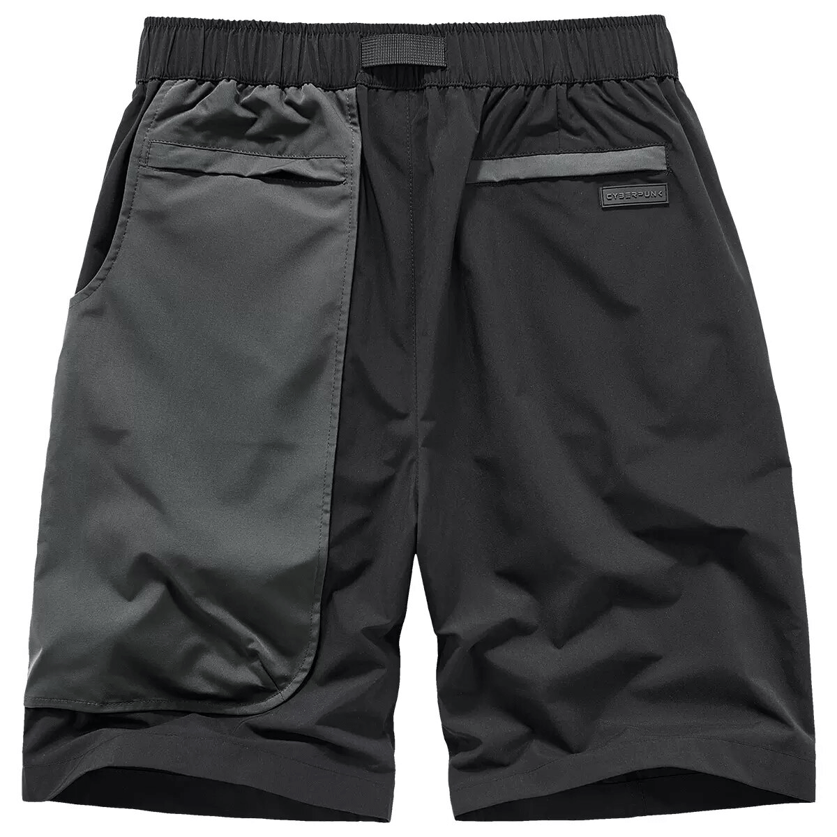 Men's tactical multi-pocket shorts in black and grey with elastic waistband and stylish patchwork design.