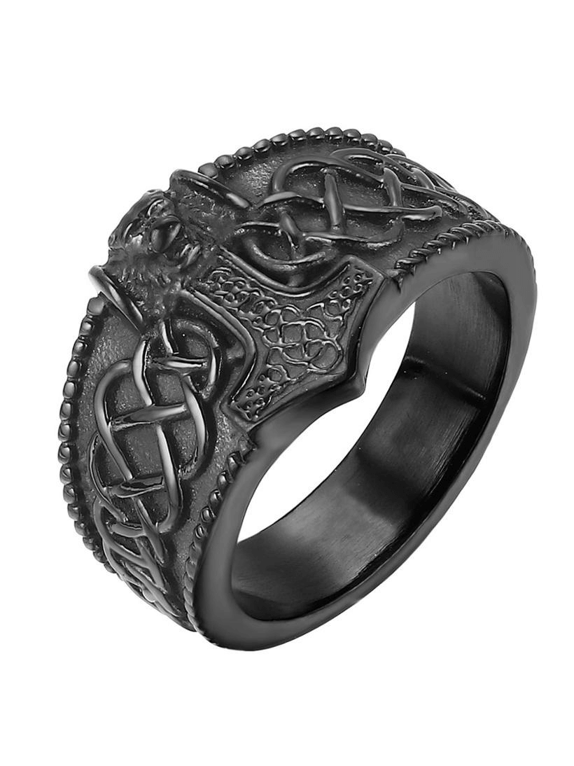 Men's vintage Thor's Hammer Celtic ring in black stainless steel with intricate designs, perfect for punk style outfits.