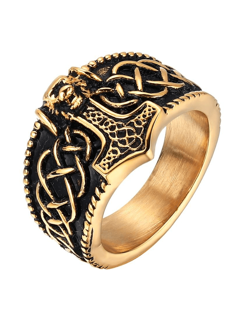 Vintage men's Thor's Hammer Celtic ring in gold with intricate designs, perfect for punk fashion and stylish outfits.