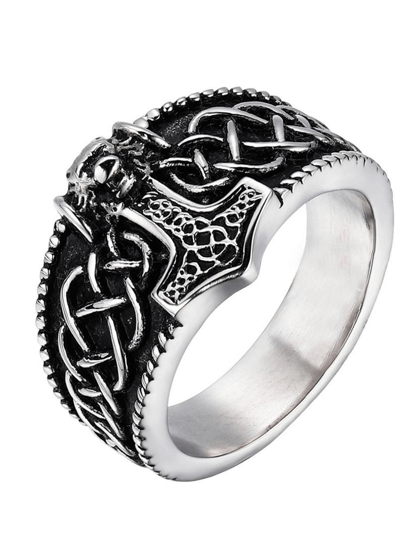 Men's vintage Thor's hammer Celtic ring with intricate pattern, perfect for punk fashion enthusiasts.