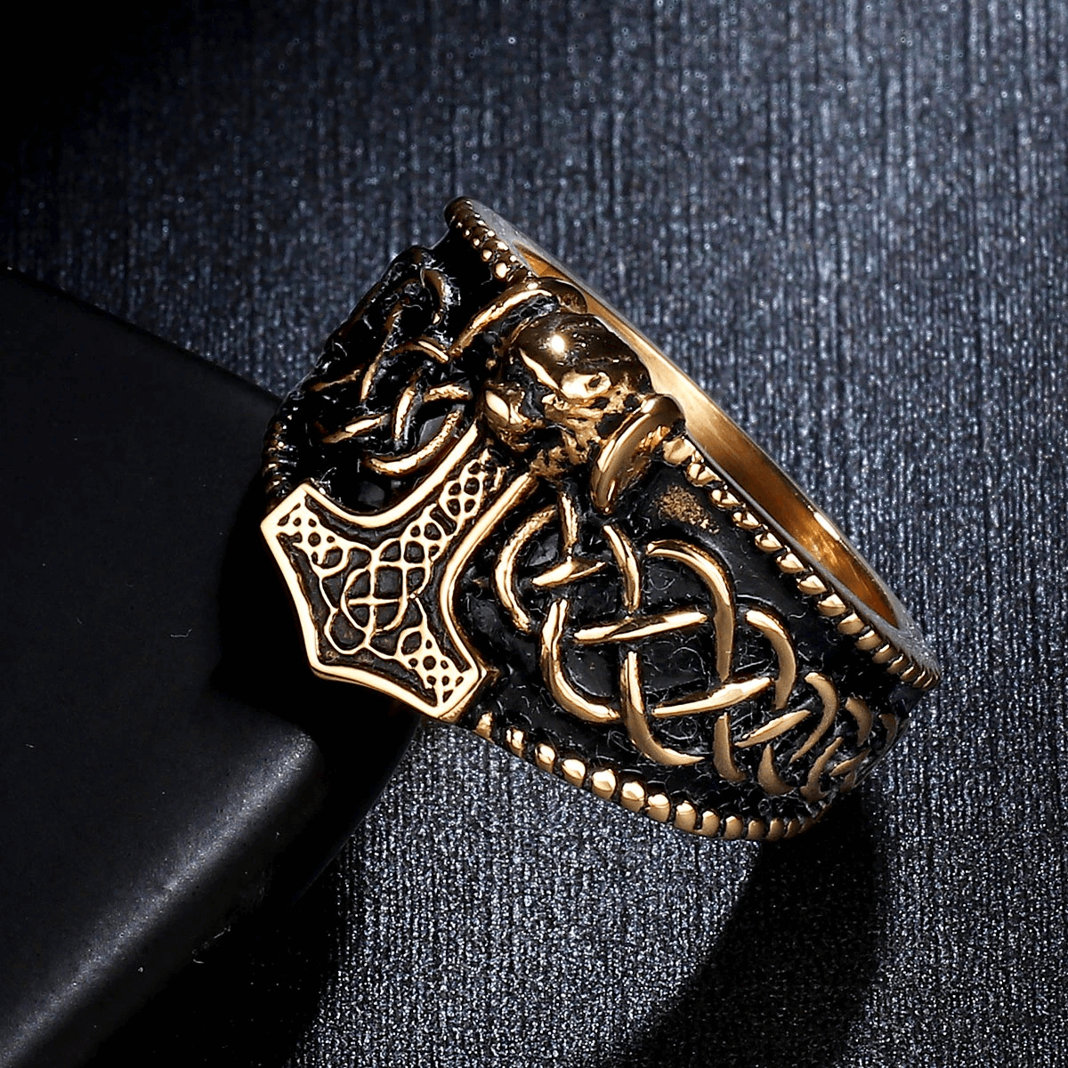 Vintage Celtic Thor's Hammer ring for men, crafted in stainless steel with intricate designs, perfect for punk style outfits.