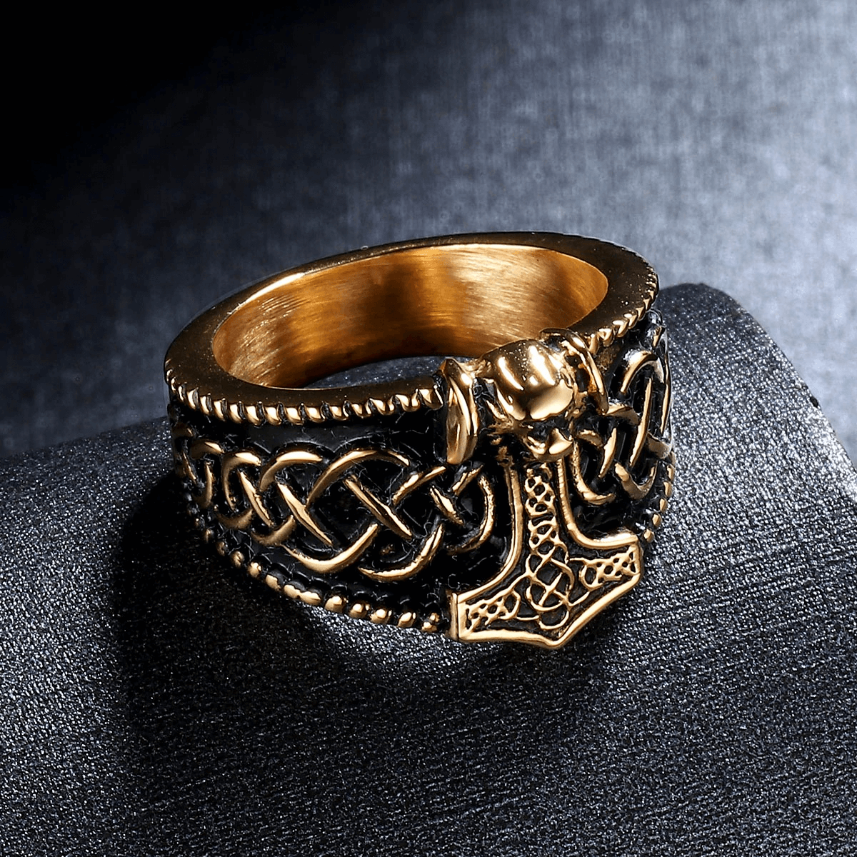 Vintage men's Thor's Hammer Celtic ring featuring intricate designs and a bold punk style.