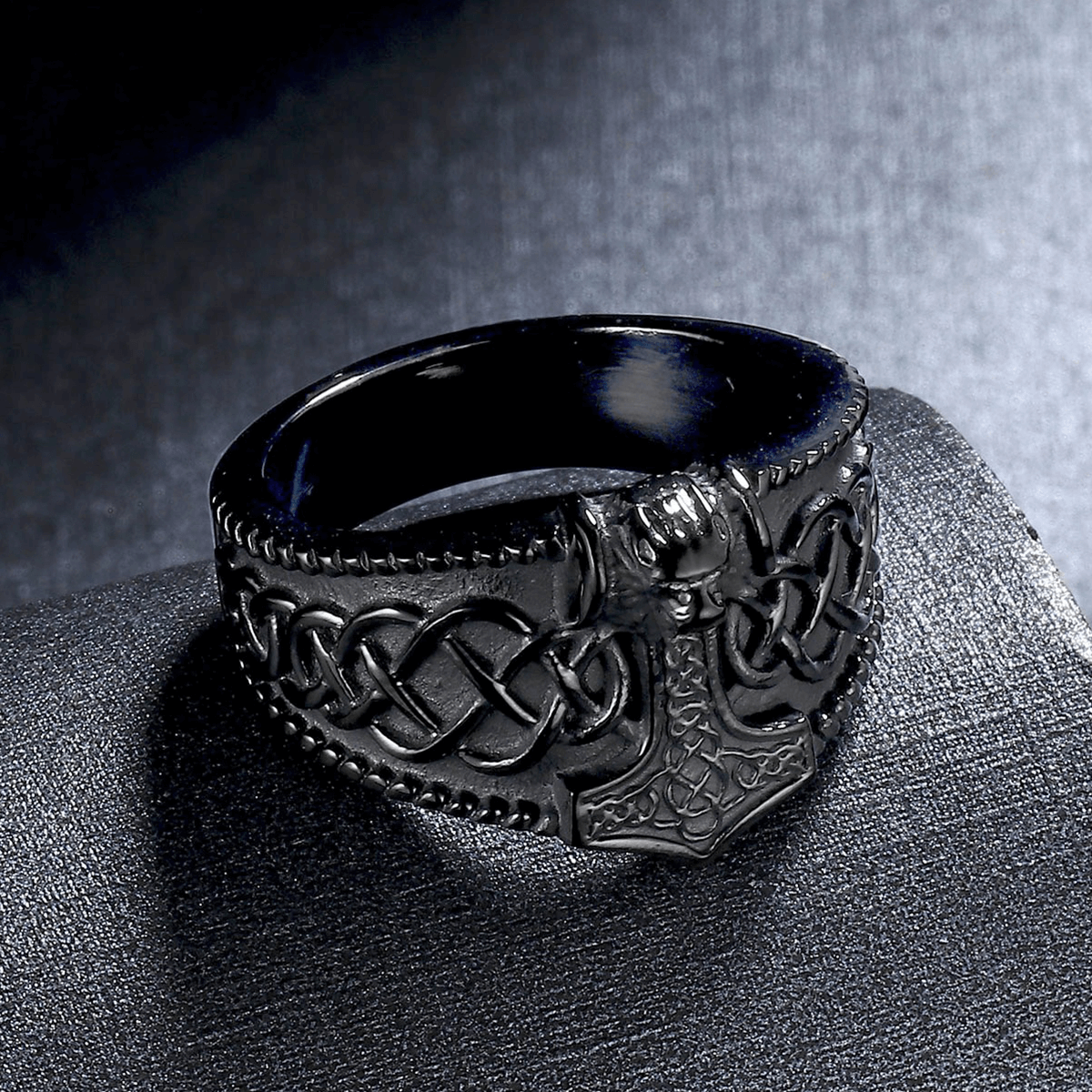 Vintage male Thor's hammer Celtic ring in black stainless steel with intricate design, perfect for punk jewelry enthusiasts.
