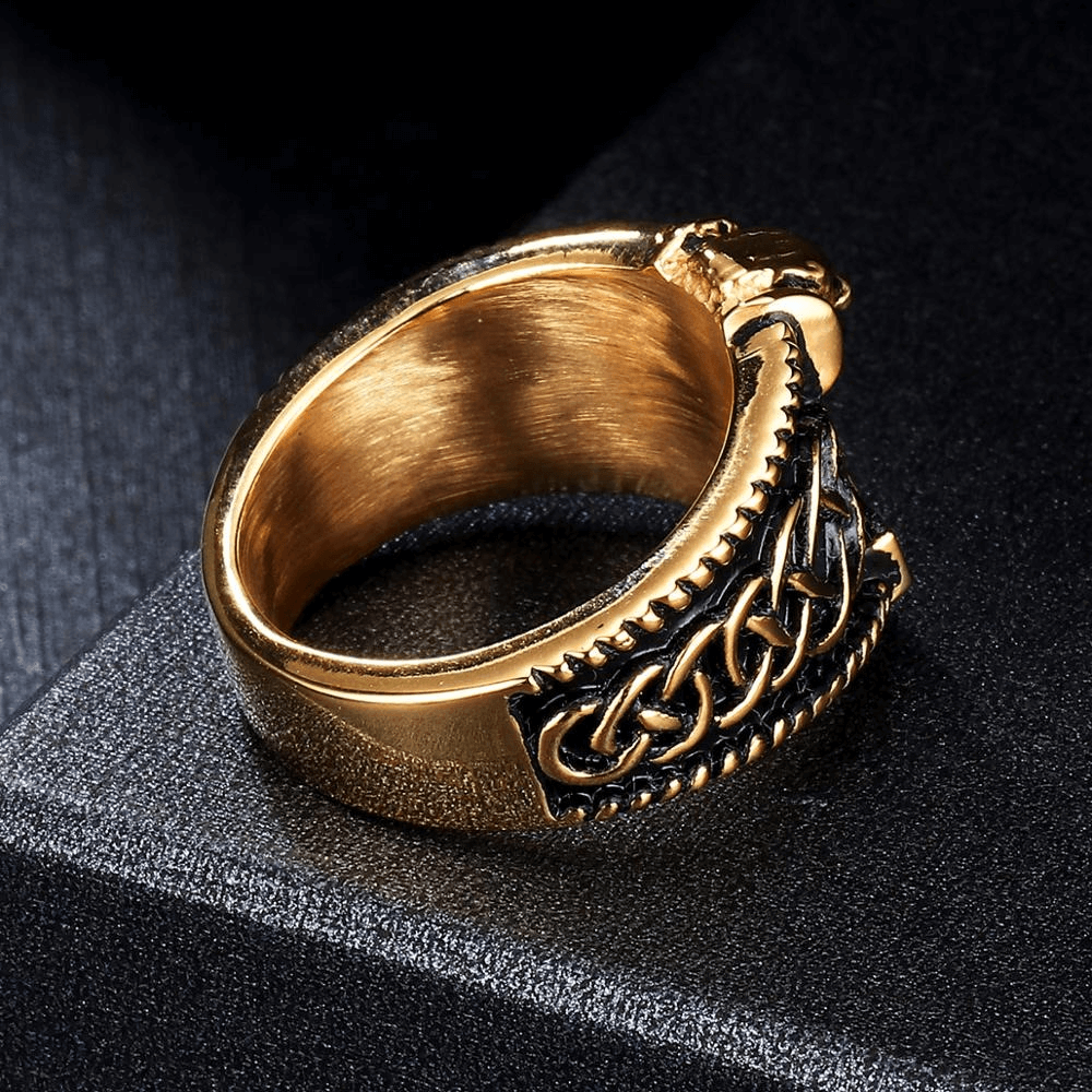 Men's vintage Thor's hammer Celtic ring in gold with intricate punk design, perfect for stylish outfits.