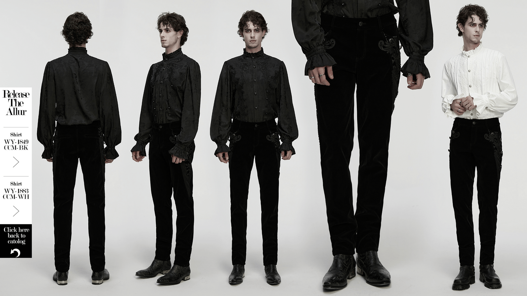 Male Velvet Pants with Lace and Gemstone Buttons showcase intricate lace details and vintage style from multiple views.