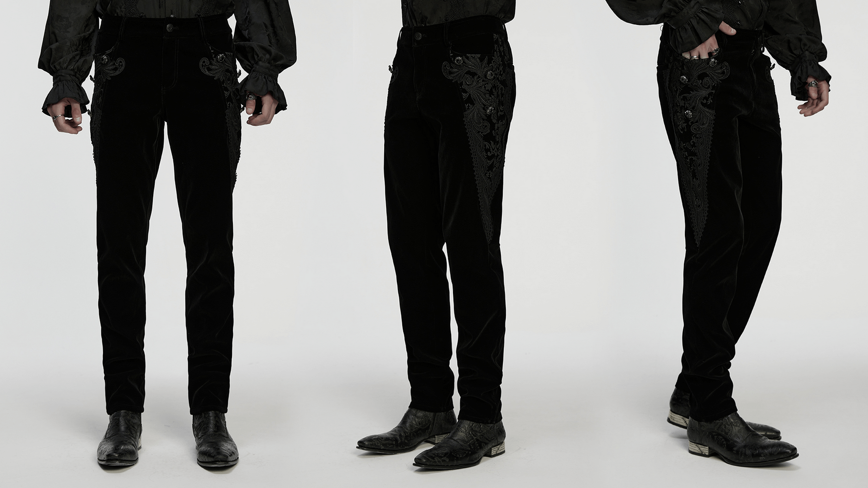Male Velvet Pants with Lace and Gemstone Buttons showcasing gothic style and vintage embossed pattern.