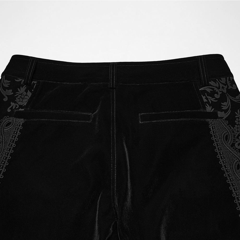 Male Velvet Pants with Lace and Gemstone Buttons featuring vintage embossed pattern and lace detail on the back.