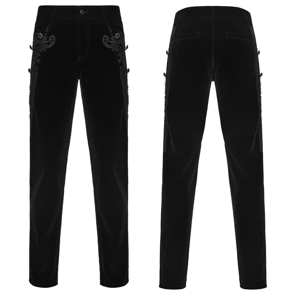Male Velvet Pants with Lace and Gemstone Buttons featuring a vintage embossed pattern and chic lace details.