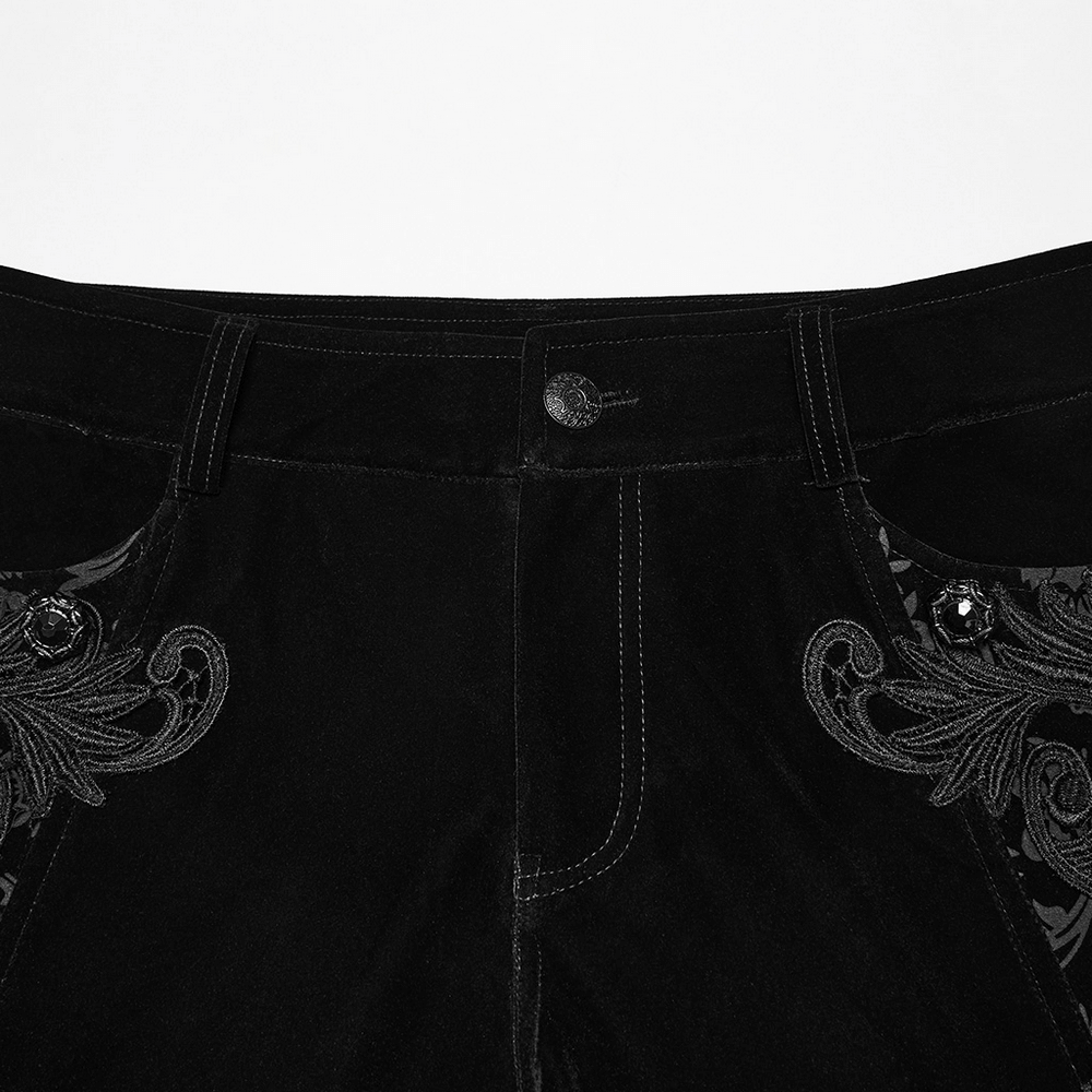 Male Velvet Pants with Lace and Gemstone Buttons featuring embossed patterns and gemstone buttons on the pockets.
