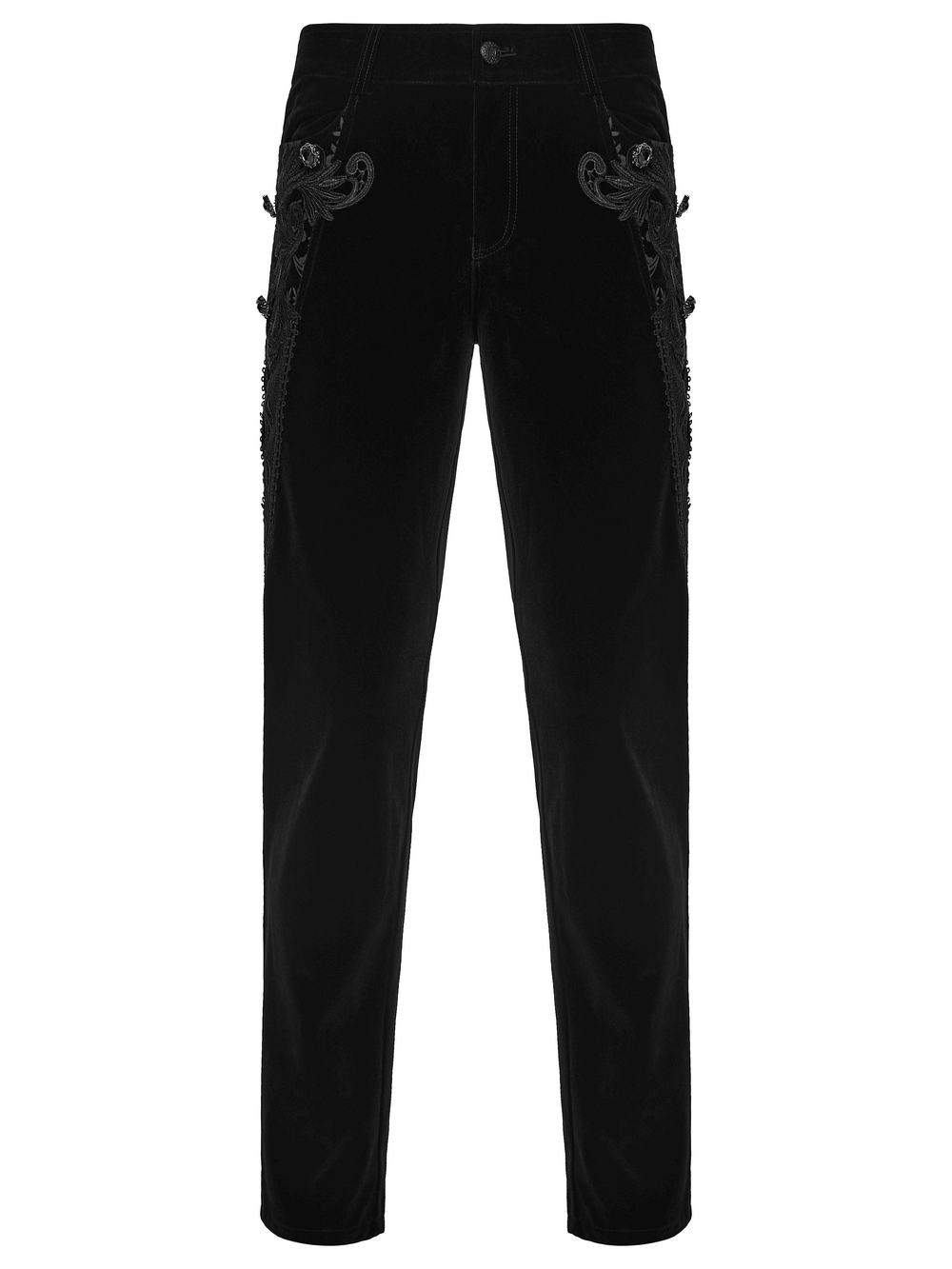 Male Velvet Pants with Lace and Gemstone Buttons featuring vintage embossed pattern and unique lace detail.