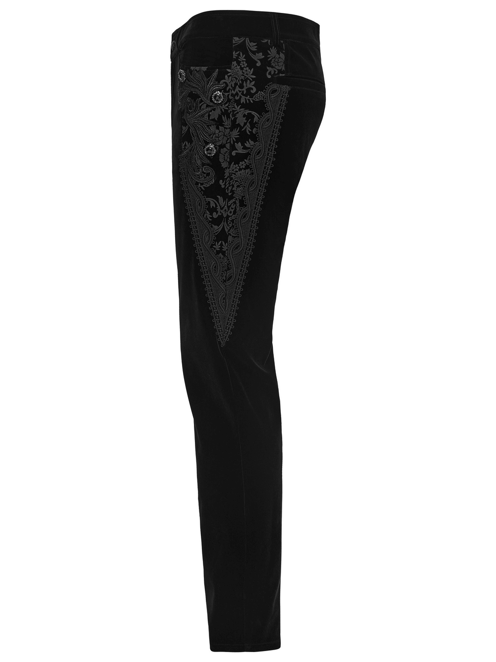 Male Velvet Pants with Lace and Gemstone Buttons showcasing vintage embossed pattern and lace detail on side