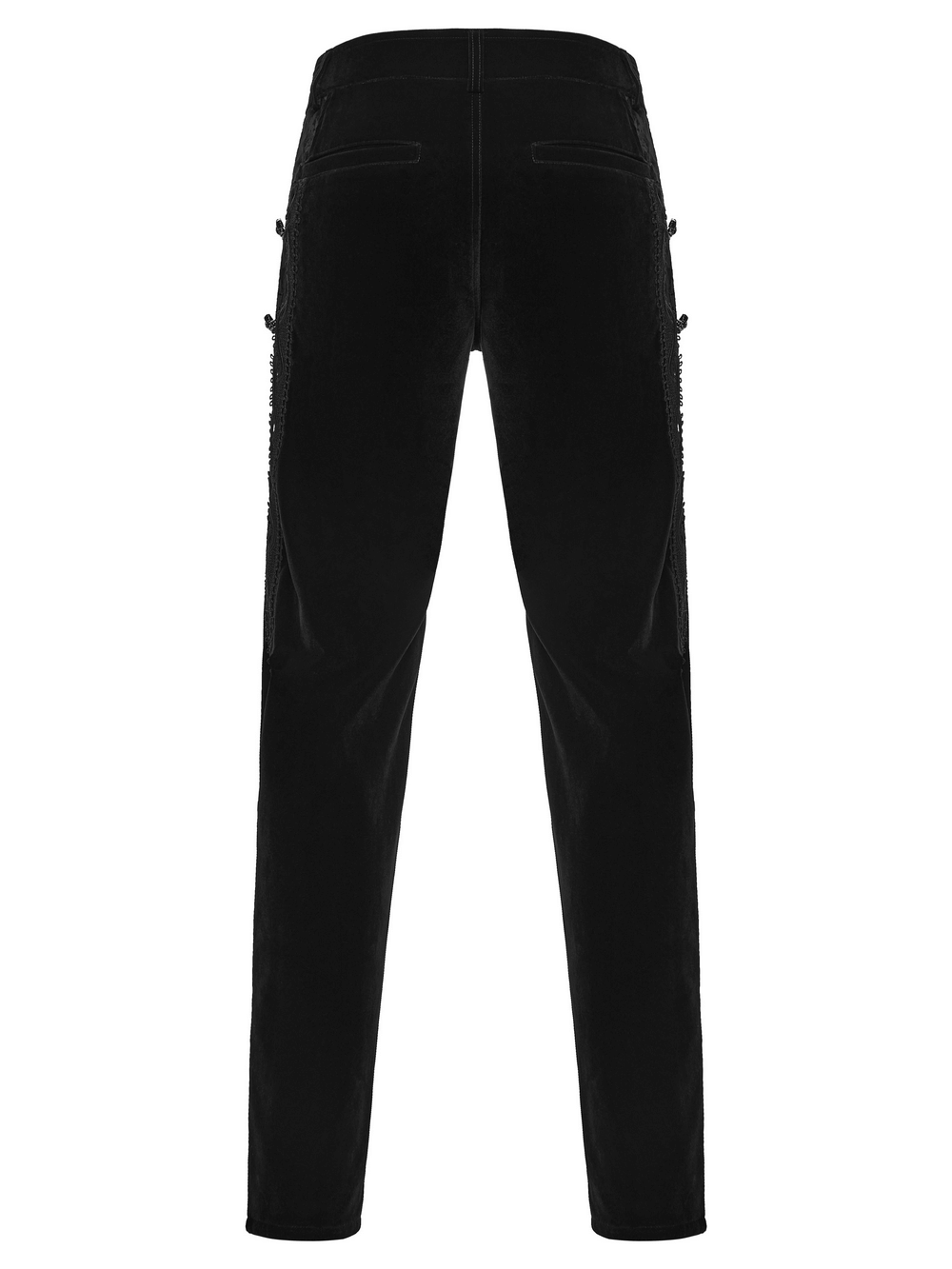 Male Velvet Pants with Lace and Gemstone Buttons viewed from the back, showcasing unique spliced pattern and elegant lace trim.