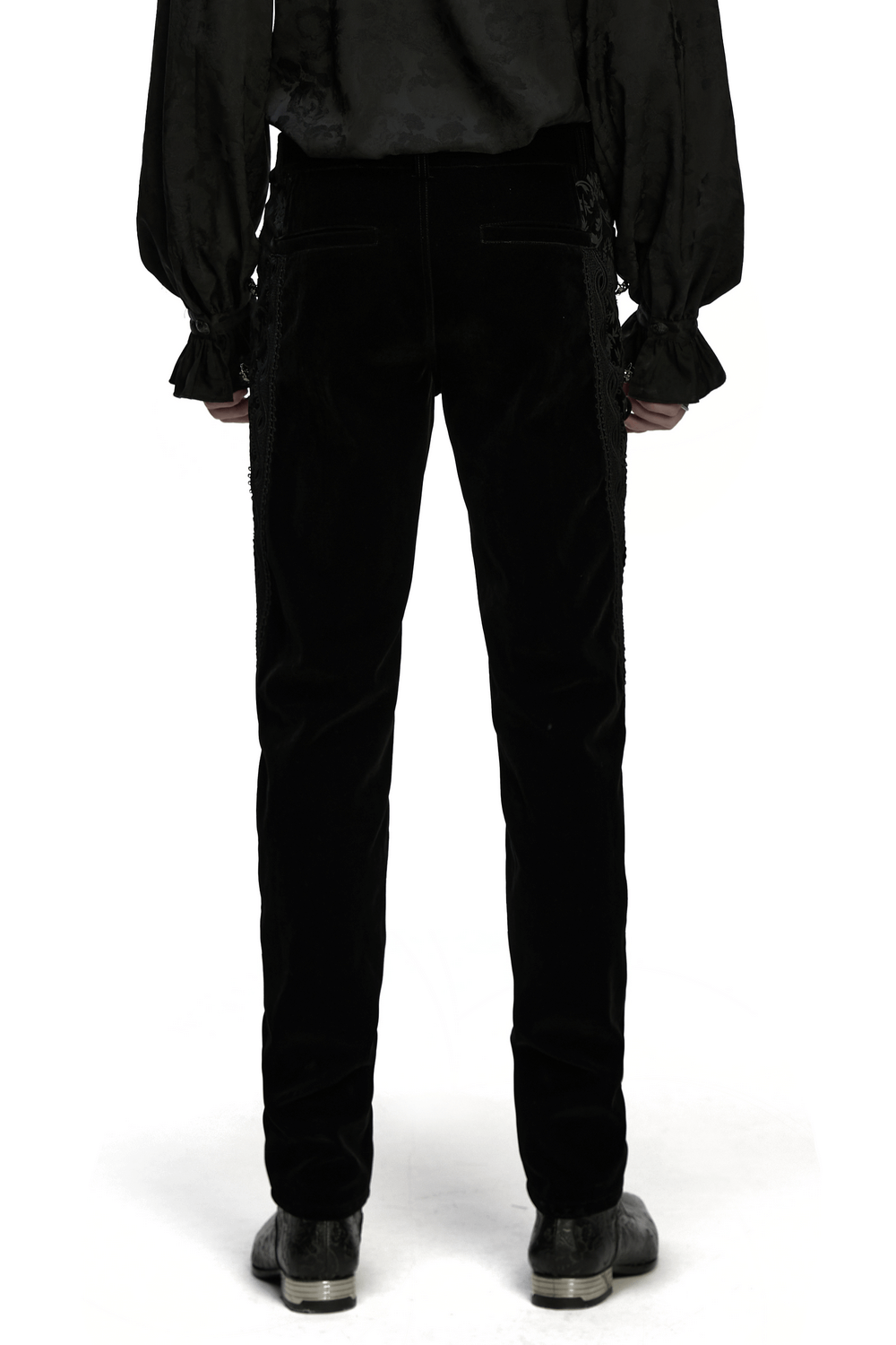 Male Velvet Pants with Lace and Gemstone Buttons shown from the back, featuring elegant lace detail and stylish design.