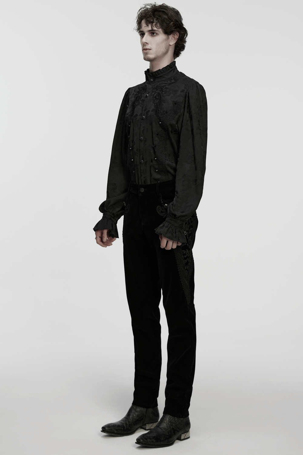 Male Velvet Pants with Lace and Gemstone Buttons worn by a model in a gothic outfit.