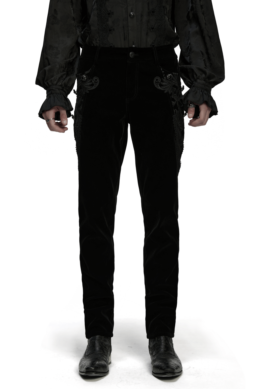 Male Velvet Pants with Lace and Gemstone Buttons featuring vintage embossed pattern and lace details.