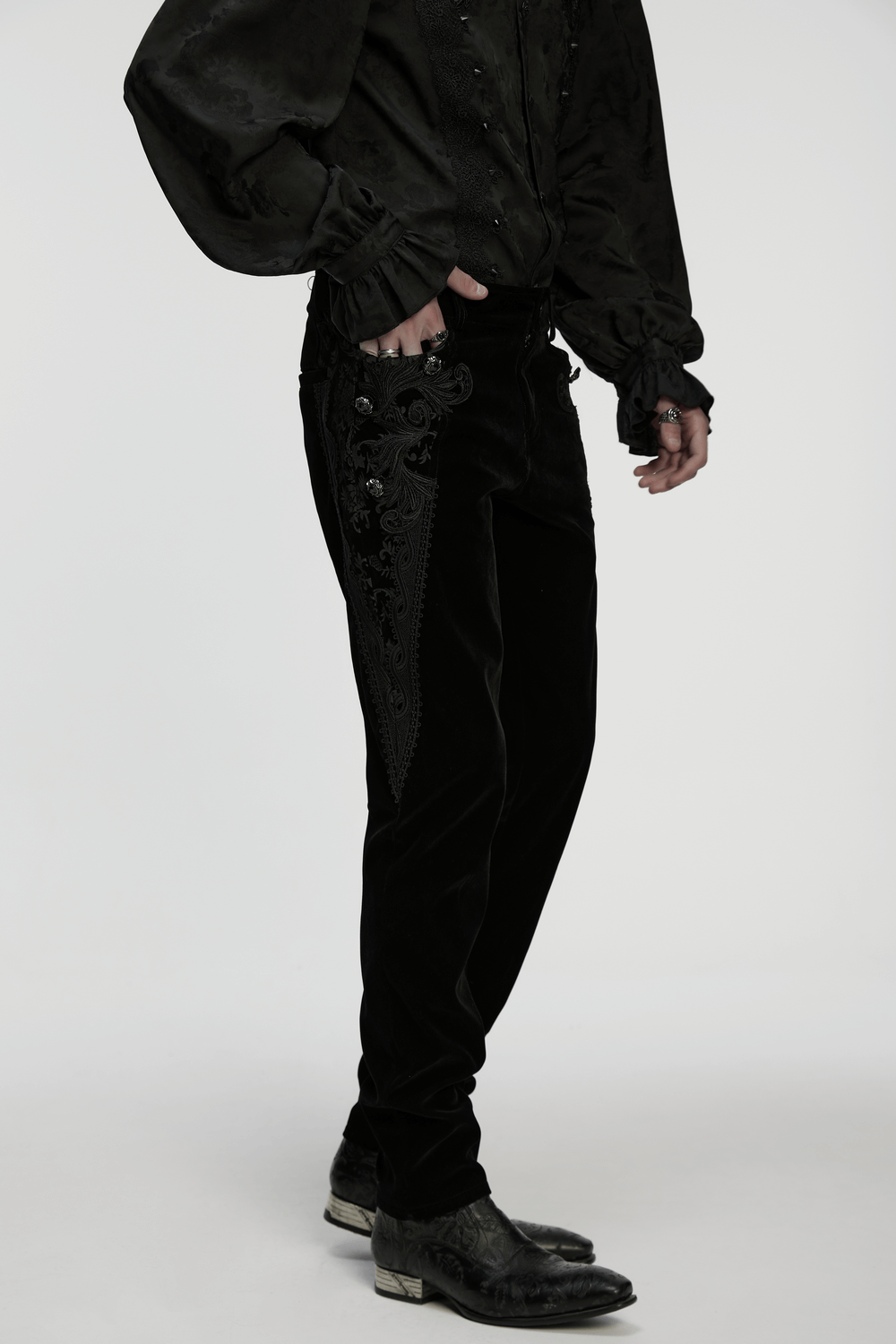 Male Velvet Pants with Lace and Gemstone Buttons featuring vintage embossed pattern and delicate lace detail.