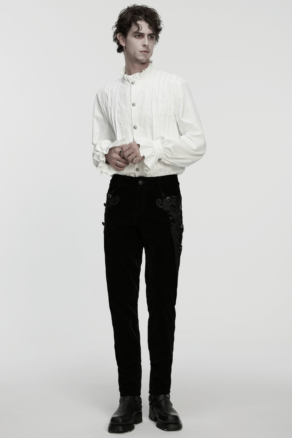 Male Velvet Pants with Lace and Gemstone Buttons and a stylish white shirt, creating a gothic fashion statement.