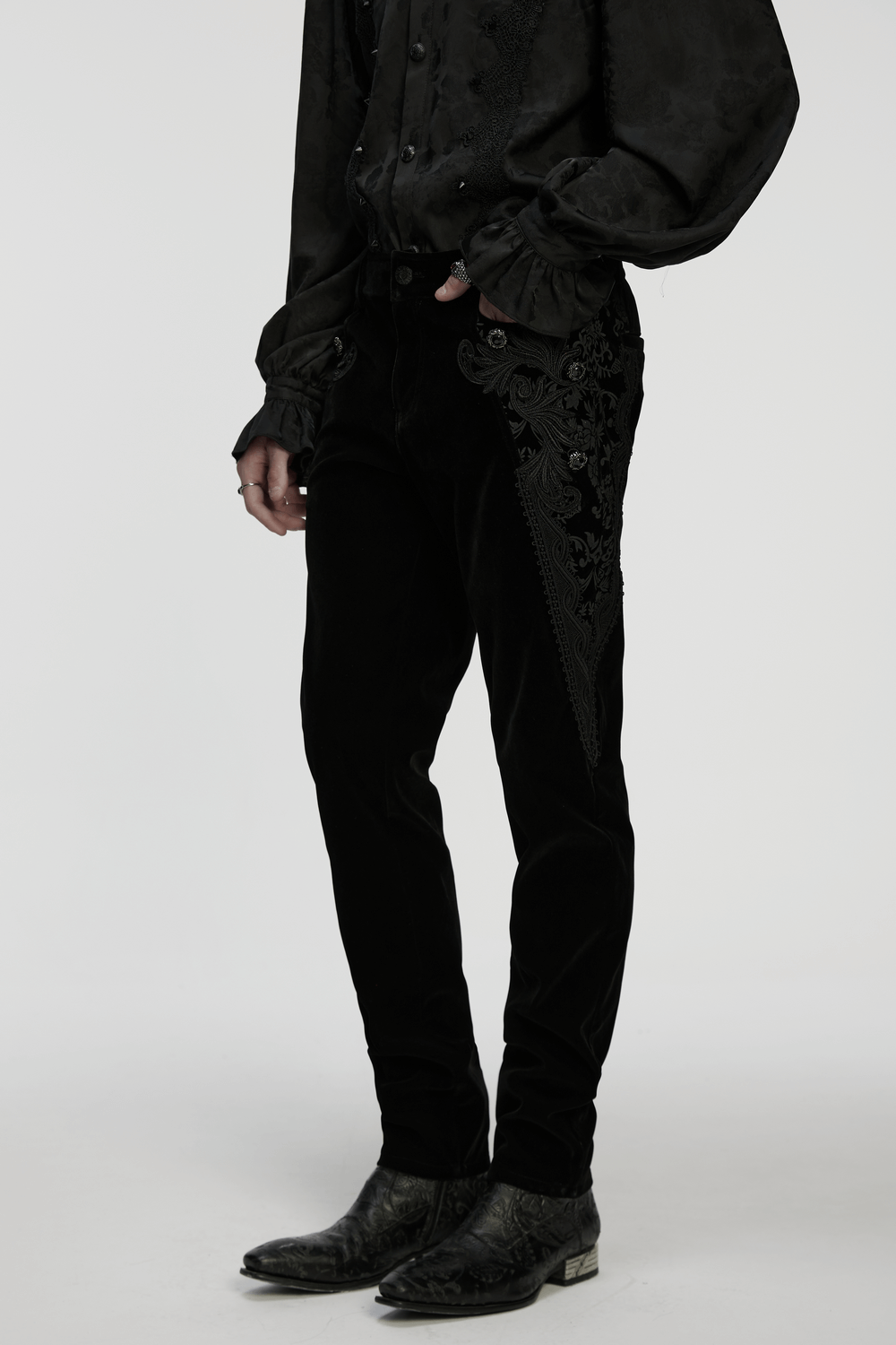 Male Velvet Pants with Lace and Gemstone Buttons styled with detailed lace and gemstone accents.
