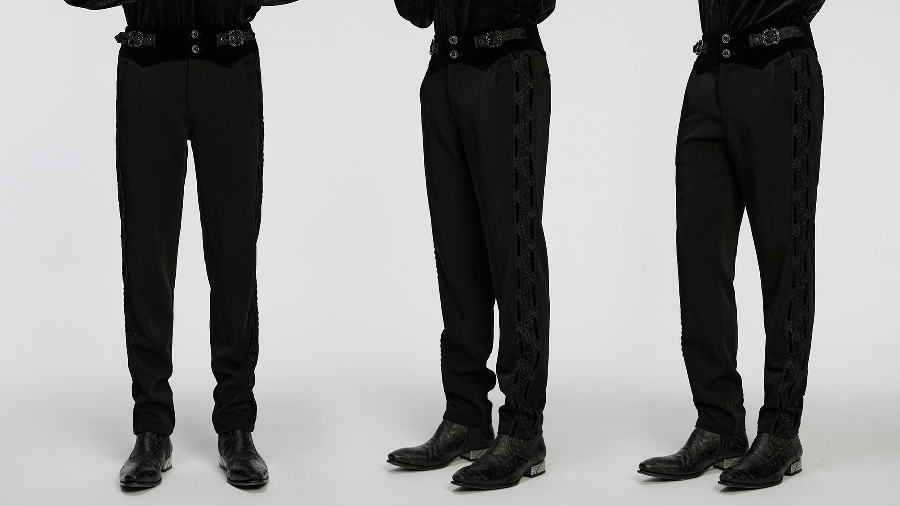 Male Velvet Trim Tailored Trousers with Lace Side Panels showcased in stylish poses.