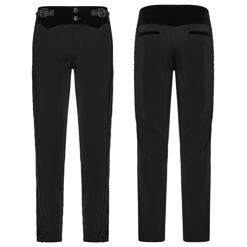Male Velvet Trim Tailored Trousers with Lace Side Panels showcasing elegant lace accents and velvet waist detail.