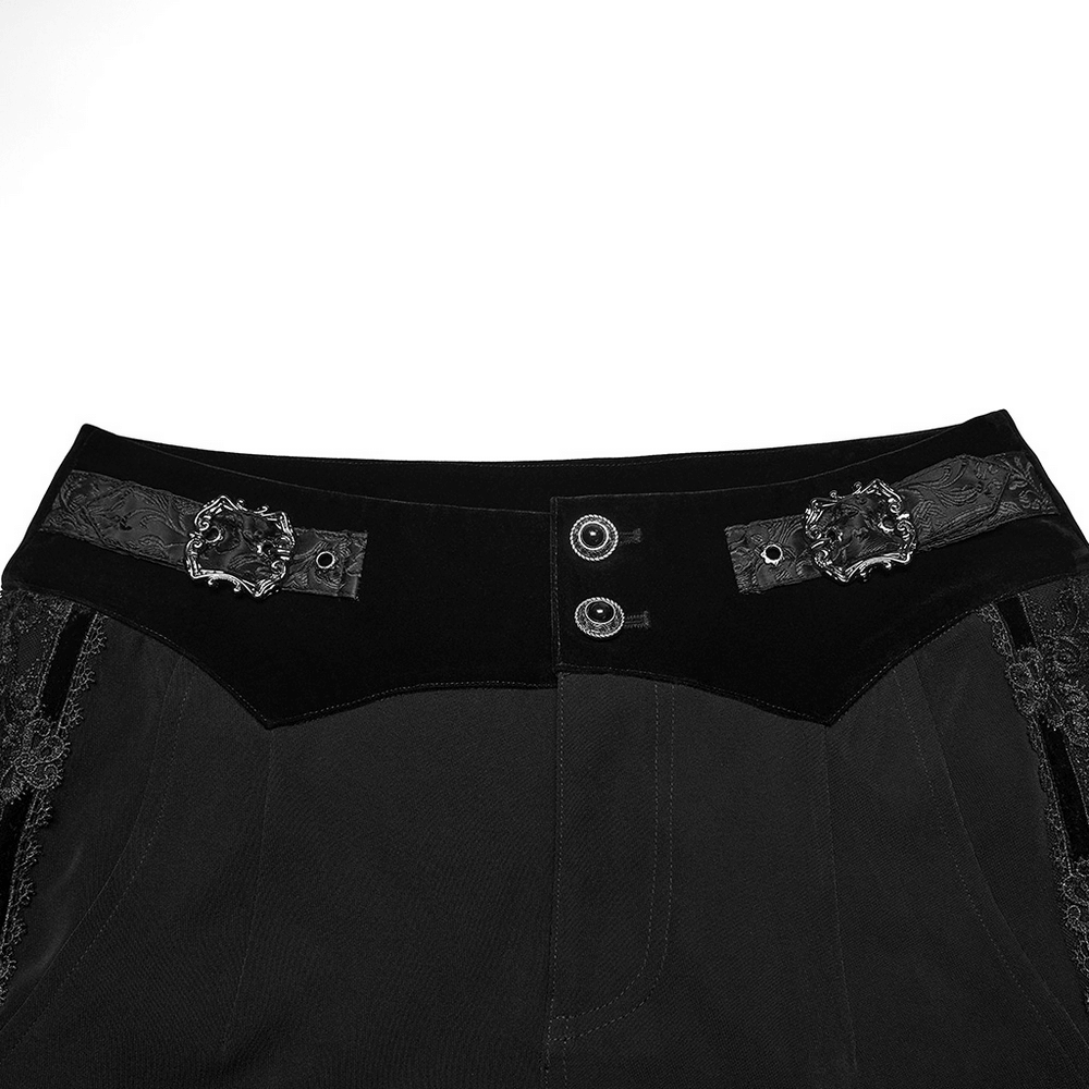 Male Velvet Trim Tailored Trousers with Lace Side Panels detailed waist view featuring adjustable buckle and lace accents.