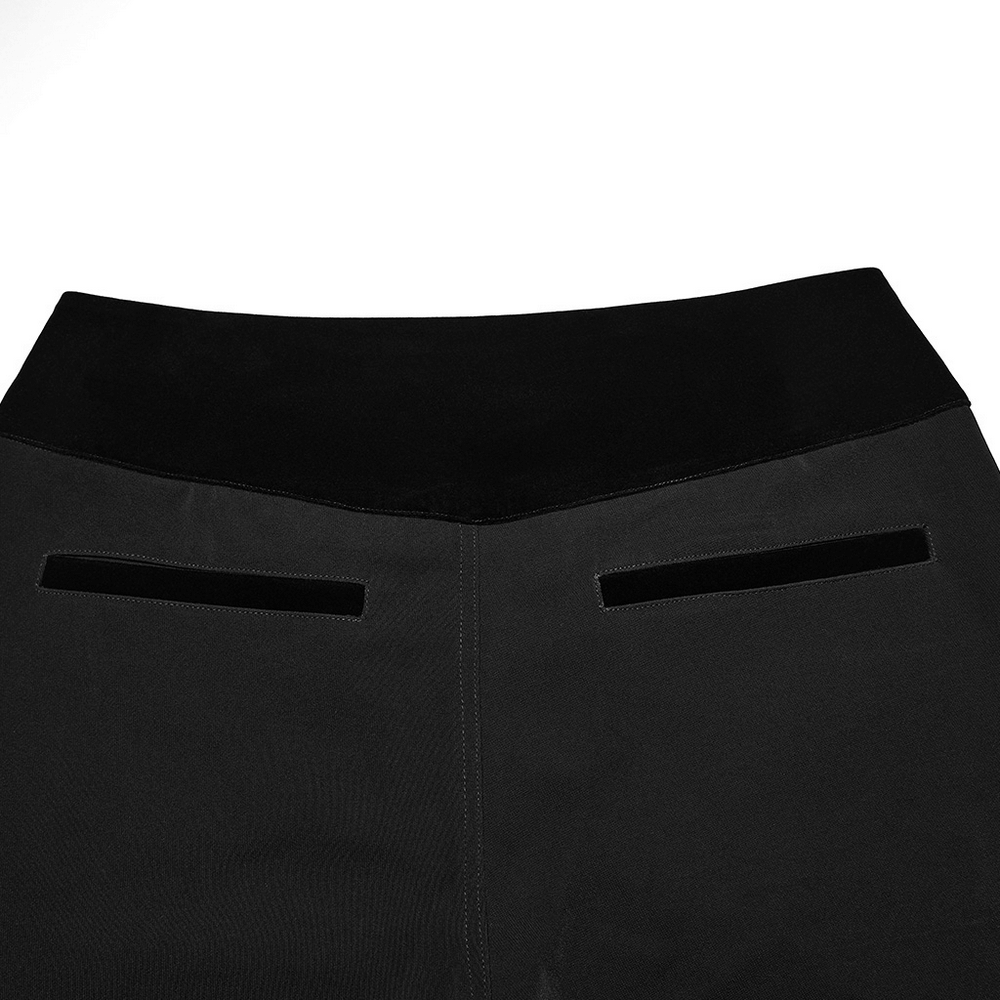 Male Velvet Trim Tailored Trousers with Lace Side Panels showing sleek velvet waist detail and pockets.