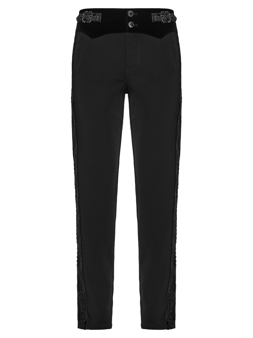 Male Velvet Trim Tailored Trousers with Lace Side Panels featuring elegant lace accents and adjustable buckle.