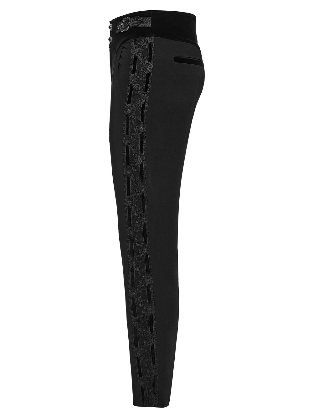 Male Velvet Trim Tailored Trousers with Lace Side Panels in sleek profile view showcasing gothic elegance.