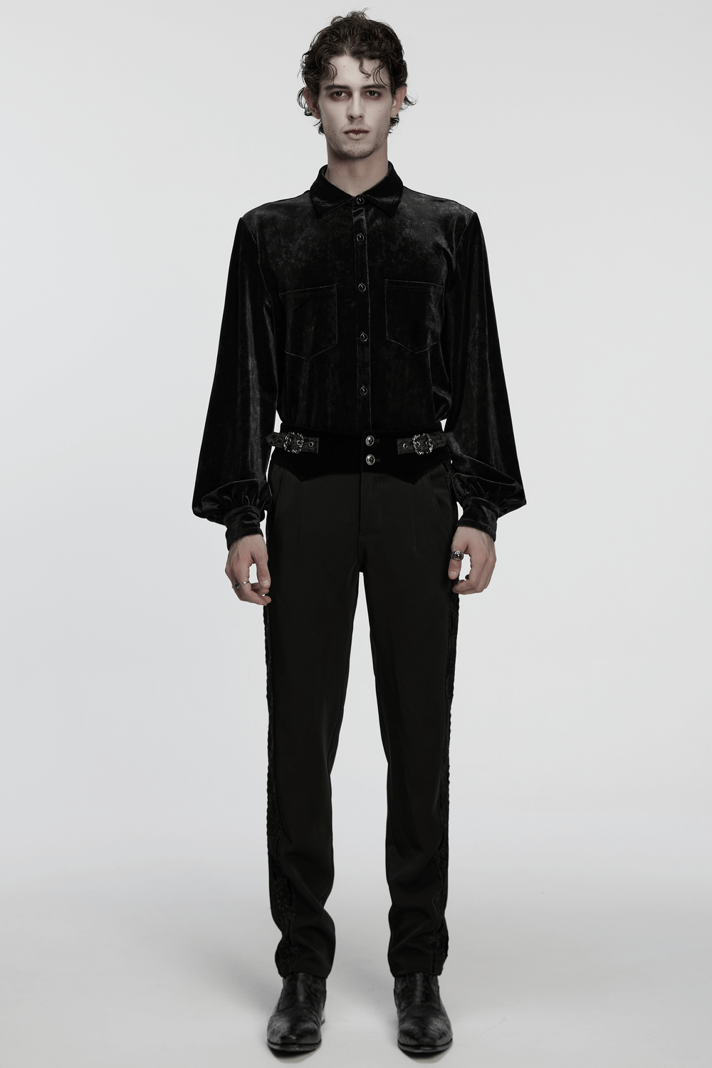 Male Velvet Trim Tailored Trousers with Lace Side Panels worn with a stylish velvet shirt, showcasing gothic elegance.